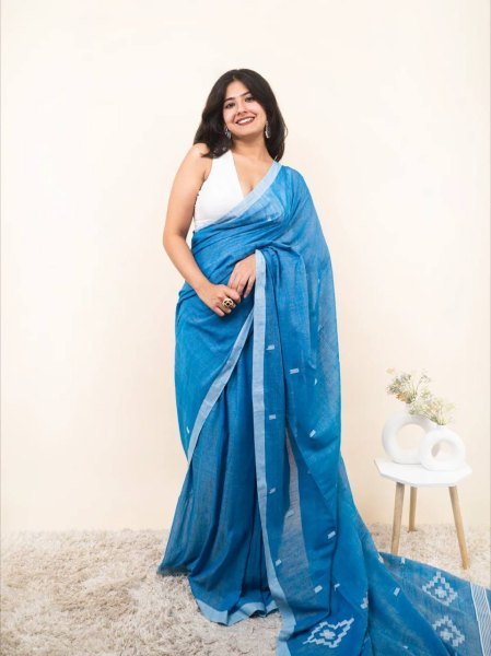 Ethnic Blue Linen Cotton Saree with Digital Print and Tussle at Manufacturer Rate Printed Cotton Sarees Wholesale