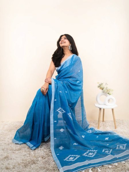 Ethnic Blue Linen Cotton Saree with Digital Print and Tussle at Manufacturer Rate Printed Cotton Sarees Wholesale