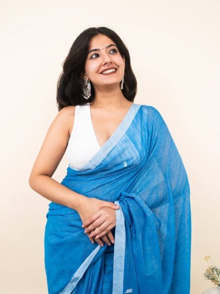Ethnic Blue Linen Cotton Saree with Digital Print and Tussle at Manufacturer Rate Printed Cotton Sarees Wholesale