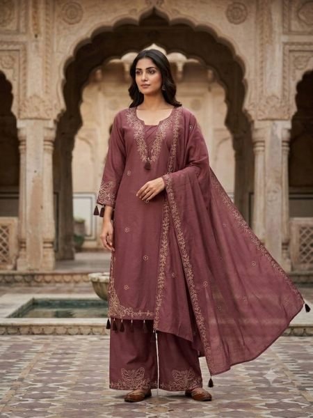 Ethnic Brown Leo Denting Mirror Embroidered Top Plazzo Dupatta Set for Daily Wear 