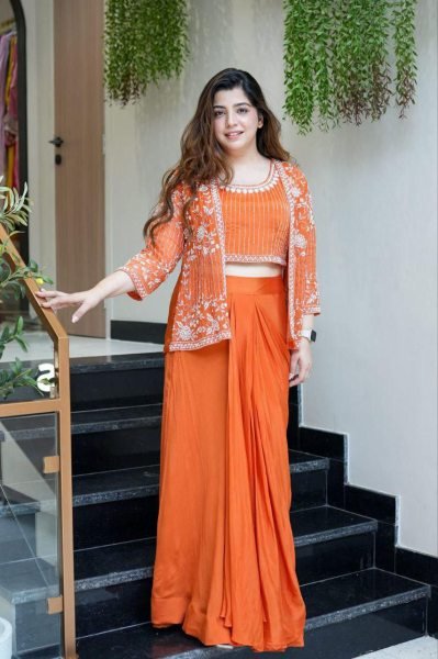 Ethnic Chinon Palazzo Set with Front Embroidered Jacket & Blouse Readymade Festive Wear at Affordable Price  Ready To Wear Collection