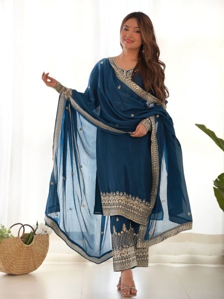 Ethnic Chinon Silk Kurta Pant Set with Embroidery Sequence and Zari Work Dupatta Ready To Wear Suit