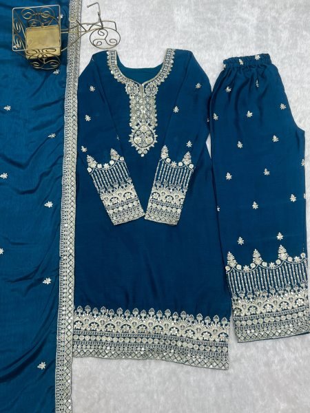 Ethnic Chinon Silk Kurta Pant Set with Embroidery Sequence and Zari Work Dupatta Ready To Wear Collection