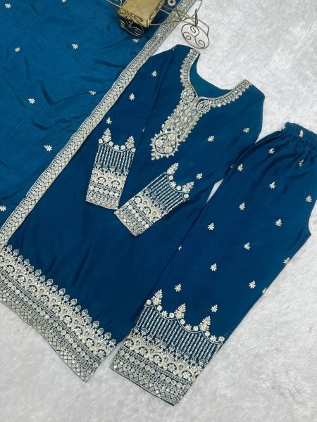 Ethnic Chinon Silk Kurta Pant Set with Embroidery Sequence and Zari Work Dupatta Ready To Wear Collection