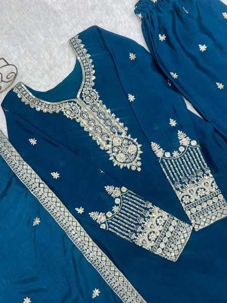 Ethnic Chinon Silk Kurta Pant Set with Embroidery Sequence and Zari Work Dupatta Ready To Wear Collection
