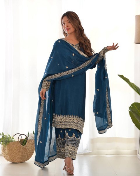 Ethnic Chinon Silk Kurta Pant Set with Embroidery Sequence and Zari Work Dupatta Ready To Wear Collection