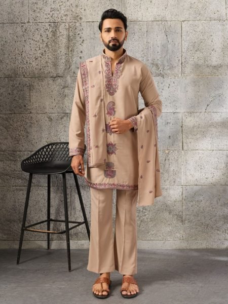 Ethnic Cream Designer Japanese Kurta Pant Set with Embroidered Dupatta for Men 