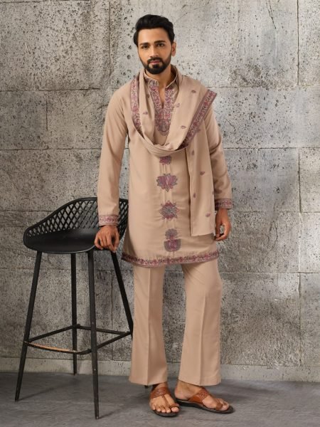 Ethnic Cream Designer Japanese Kurta Pant Set with Embroidered Dupatta for Men Mens Short Kurta