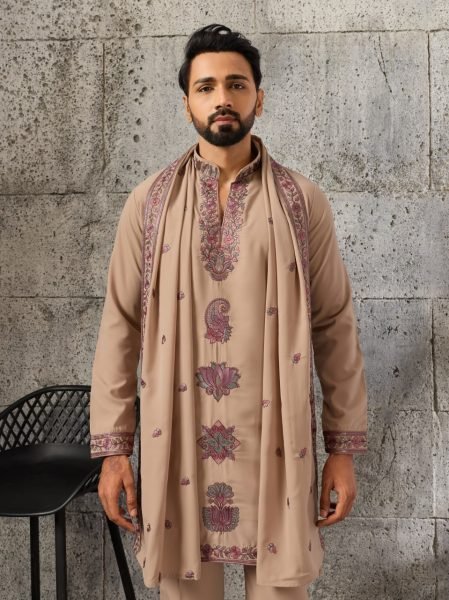 Ethnic Cream Designer Japanese Kurta Pant Set with Embroidered Dupatta for Men Mens Short Kurta
