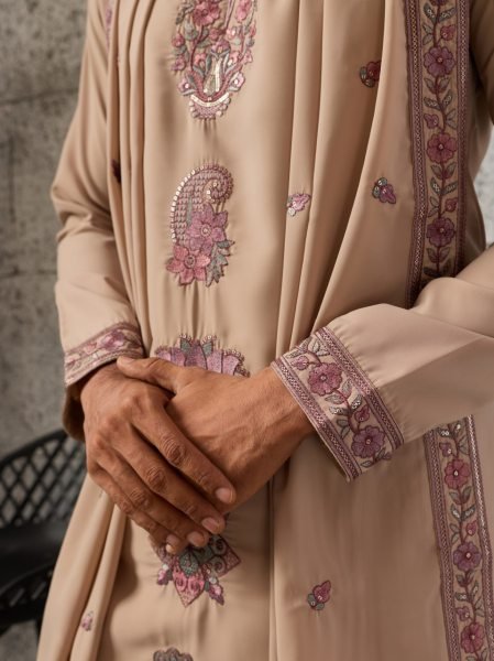 Ethnic Cream Designer Japanese Kurta Pant Set with Embroidered Dupatta for Men Mens Short Kurta