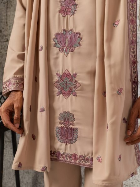 Ethnic Cream Designer Japanese Kurta Pant Set with Embroidered Dupatta for Men Mens Short Kurta
