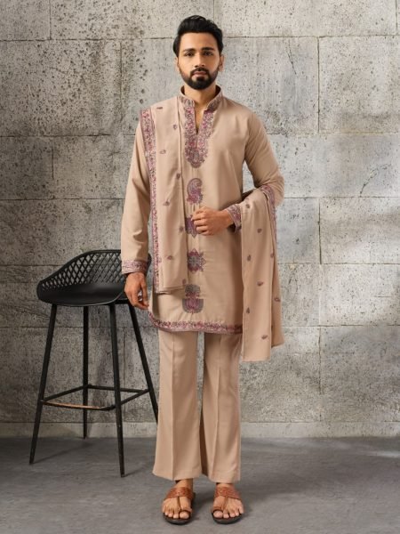 Ethnic Cream Designer Japanese Kurta Pant Set with Embroidered Dupatta for Men Mens Short Kurta
