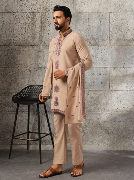 Ethnic Cream Designer Japanese Kurta Pant Set with Embroidered Dupatta for Men Mens Short Kurta