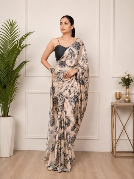 Ethnic Cream Elegant Satin Silk Printed Saree with Matching Blouse Piece For Bluk Order Sarees 