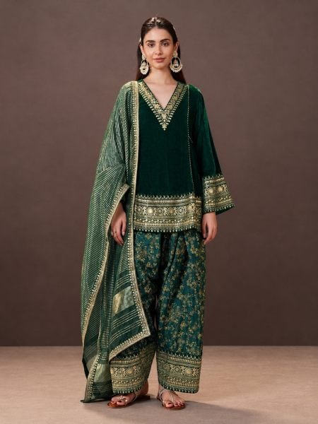 Ethnic Dark Green Designer Velvet Top with Farshi Palazzo and Embroidered Dupatta Ready To Wear Suit