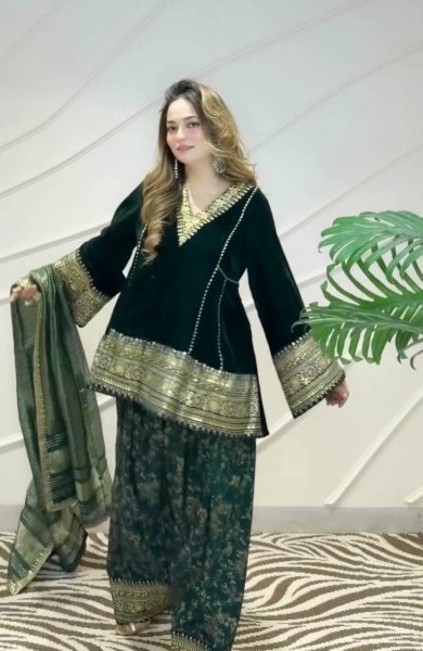 Ethnic Dark Green Designer Velvet Top with Farshi Palazzo and Embroidered Dupatta Ready To Wear Collection