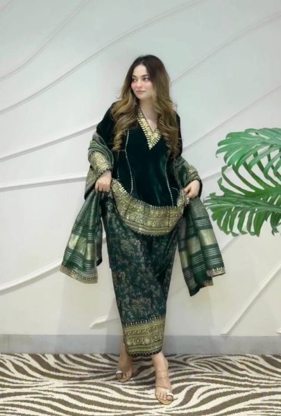 Ethnic Dark Green Designer Velvet Top with Farshi Palazzo and Embroidered Dupatta Ready To Wear Collection