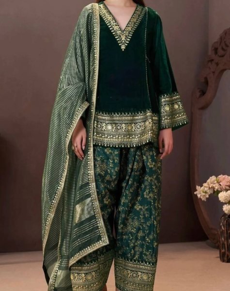 Ethnic Dark Green Designer Velvet Top with Farshi Palazzo and Embroidered Dupatta Ready To Wear Collection
