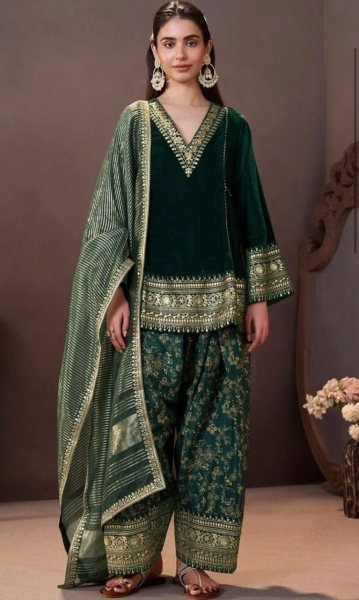 Ethnic Dark Green Designer Velvet Top with Farshi Palazzo and Embroidered Dupatta Ready To Wear Collection
