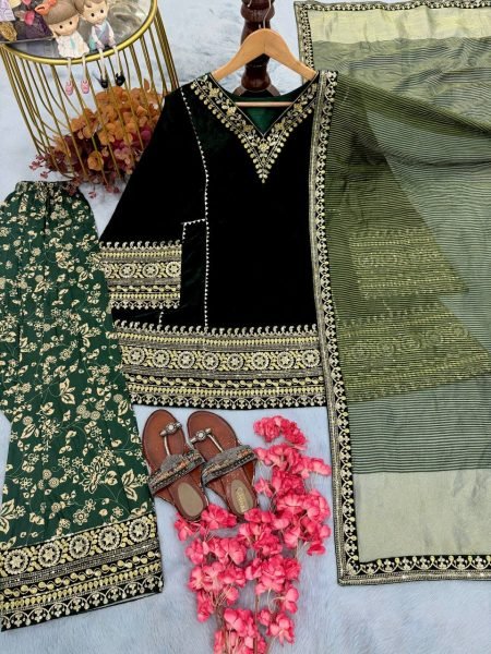 Ethnic Dark Green Designer Velvet Top with Farshi Palazzo and Embroidered Dupatta Ready To Wear Collection