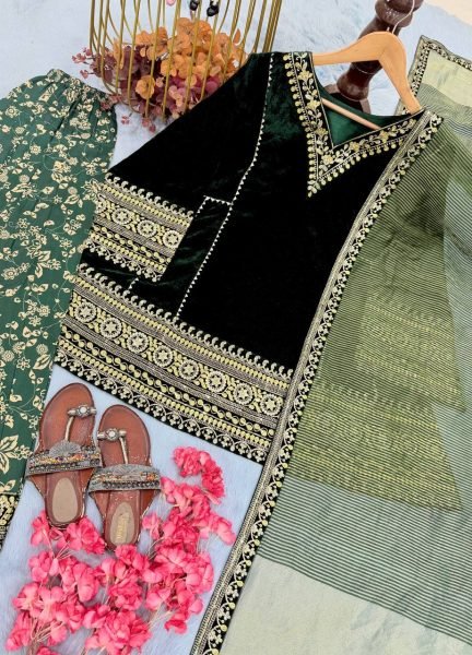 Ethnic Dark Green Designer Velvet Top with Farshi Palazzo and Embroidered Dupatta Ready To Wear Collection