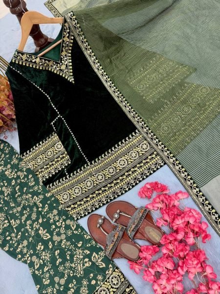 Ethnic Dark Green Designer Velvet Top with Farshi Palazzo and Embroidered Dupatta Ready To Wear Collection
