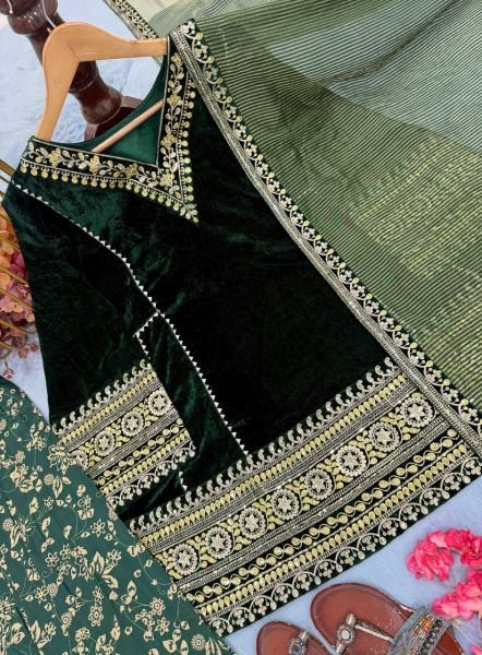 Ethnic Dark Green Designer Velvet Top with Farshi Palazzo and Embroidered Dupatta Ready To Wear Collection