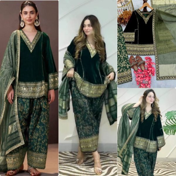 Ethnic Dark Green Designer Velvet Top with Farshi Palazzo and Embroidered Dupatta Ready To Wear Collection