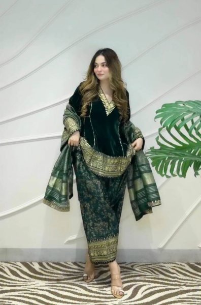 Ethnic Dark Green Designer Velvet Top with Farshi Palazzo and Embroidered Dupatta Ready To Wear Collection