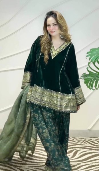 Ethnic Dark Green Designer Velvet Top with Farshi Palazzo and Embroidered Dupatta Ready To Wear Collection
