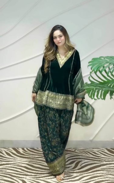 Ethnic Dark Green Designer Velvet Top with Farshi Palazzo and Embroidered Dupatta Ready To Wear Collection