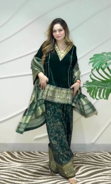 Ethnic Dark Green Designer Velvet Top with Farshi Palazzo and Embroidered Dupatta Ready To Wear Collection