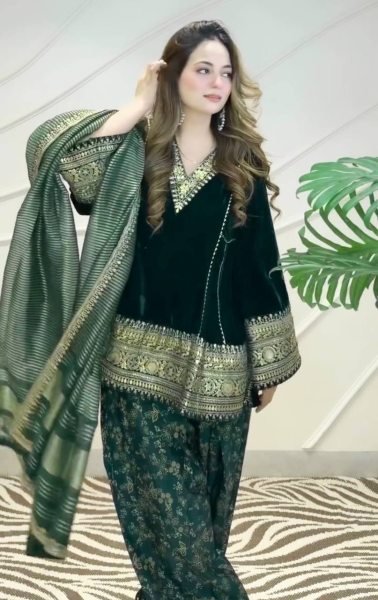 Ethnic Dark Green Designer Velvet Top with Farshi Palazzo and Embroidered Dupatta Ready To Wear Collection