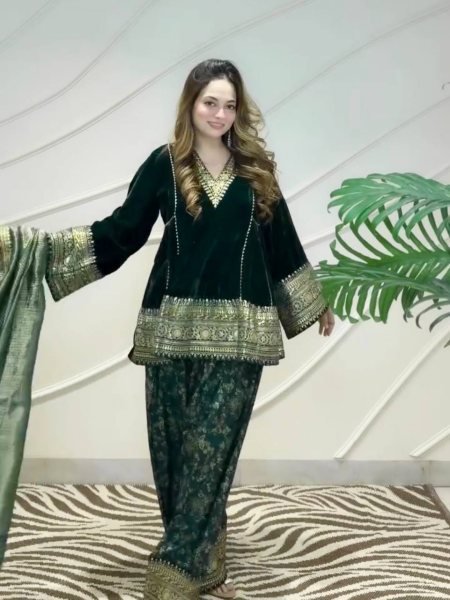 Ethnic Dark Green Designer Velvet Top with Farshi Palazzo and Embroidered Dupatta Ready To Wear Collection
