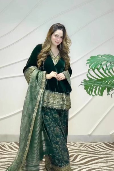 Ethnic Dark Green Designer Velvet Top with Farshi Palazzo and Embroidered Dupatta Ready To Wear Collection