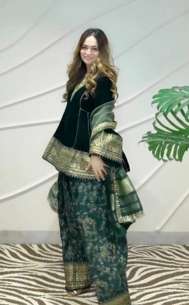 Ethnic Dark Green Designer Velvet Top with Farshi Palazzo and Embroidered Dupatta Ready To Wear Collection