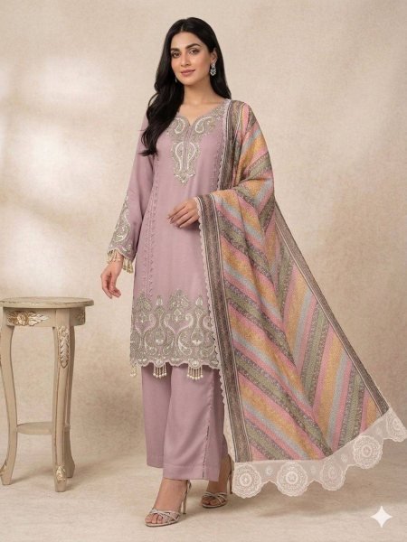 Ethnic Dusty Pink Star Georgette Embroidered Top Palazzo Set with Printed Organza Dupatta with Tassel Detailing Ready To Wear Suit