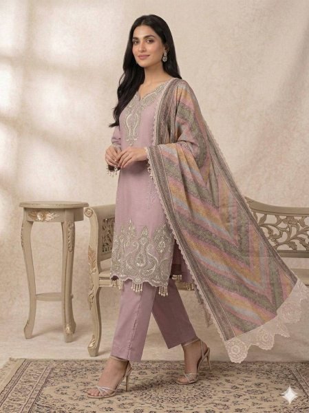 Ethnic Dusty Pink Star Georgette Embroidered Top Palazzo Set with Printed Organza Dupatta with Tassel Detailing Ready To Wear Collection