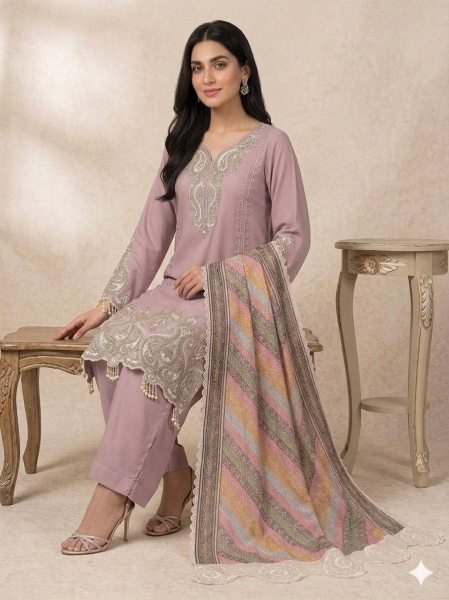 Ethnic Dusty Pink Star Georgette Embroidered Top Palazzo Set with Printed Organza Dupatta with Tassel Detailing Ready To Wear Collection