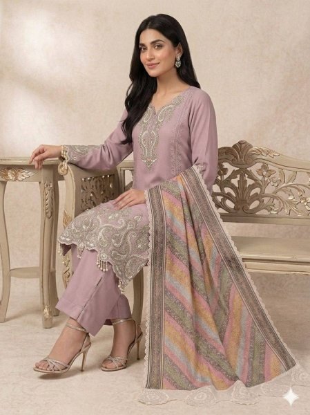 Ethnic Dusty Pink Star Georgette Embroidered Top Palazzo Set with Printed Organza Dupatta with Tassel Detailing Ready To Wear Collection