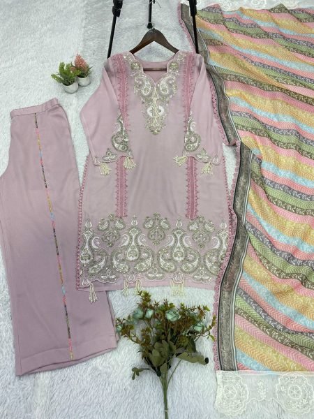 Ethnic Dusty Pink Star Georgette Embroidered Top Palazzo Set with Printed Organza Dupatta with Tassel Detailing Ready To Wear Collection