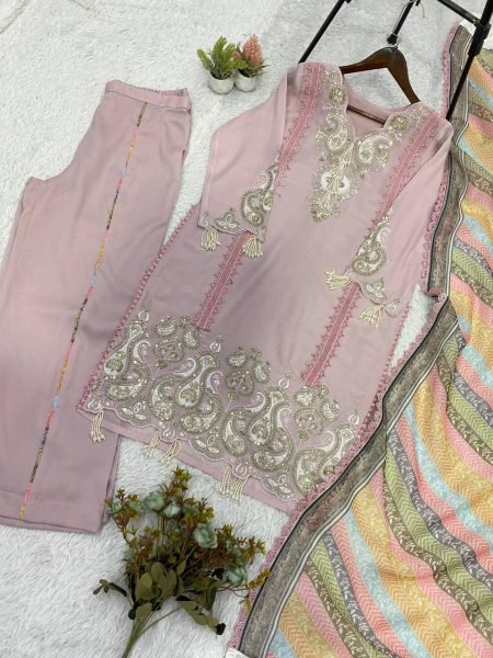 Ethnic Dusty Pink Star Georgette Embroidered Top Palazzo Set with Printed Organza Dupatta with Tassel Detailing Ready To Wear Collection
