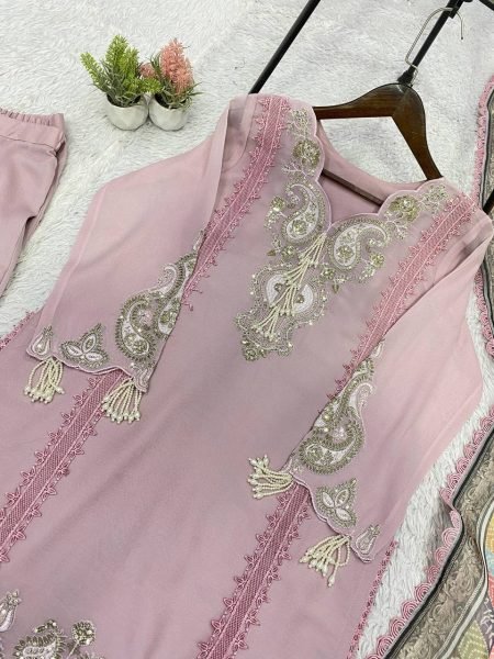 Ethnic Dusty Pink Star Georgette Embroidered Top Palazzo Set with Printed Organza Dupatta with Tassel Detailing Ready To Wear Collection