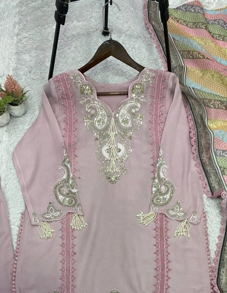 Ethnic Dusty Pink Star Georgette Embroidered Top Palazzo Set with Printed Organza Dupatta with Tassel Detailing Ready To Wear Collection