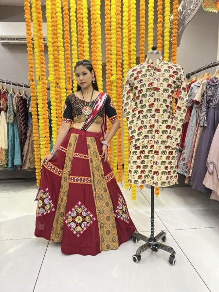 Ethnic Festival Couple Dress Set Gamthi Embroidery Lehenga & Contrast Kurta Combo Navratri Lehnega Choli