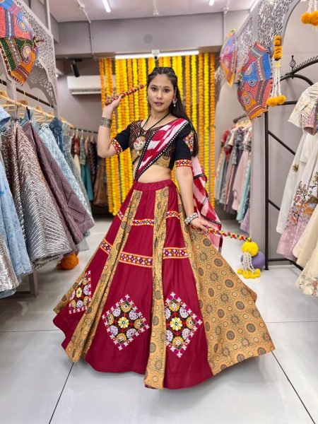 Ethnic Festival Couple Dress Set Gamthi Embroidery Lehenga & Contrast Kurta Combo Navratri Lehnega Choli