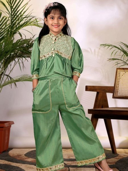 Ethnic Green Co-Ord Set with Embroidered Jacket Style Top and Palazzo Pants Kurtis