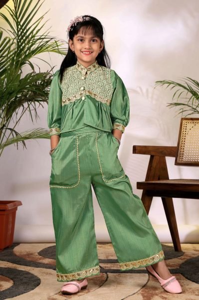 Ethnic Green Co-Ord Set with Embroidered Jacket Style Top and Palazzo Pants Girls Wear