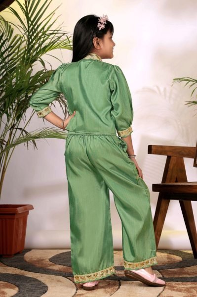 Ethnic Green Co-Ord Set with Embroidered Jacket Style Top and Palazzo Pants Girls Wear