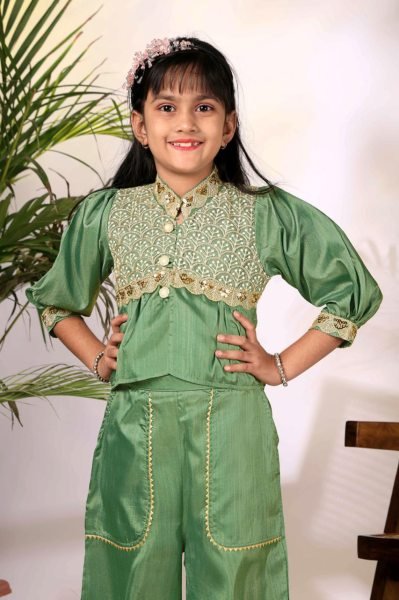 Ethnic Green Co-Ord Set with Embroidered Jacket Style Top and Palazzo Pants Girls Wear
